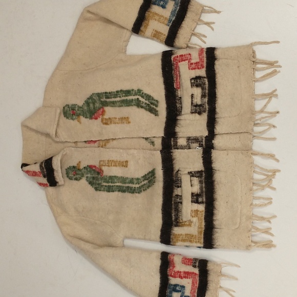 Vintage 70s Wool Jacket Love Birds Hand Crafted South American Woven w Fringe - Picture 8 of 16